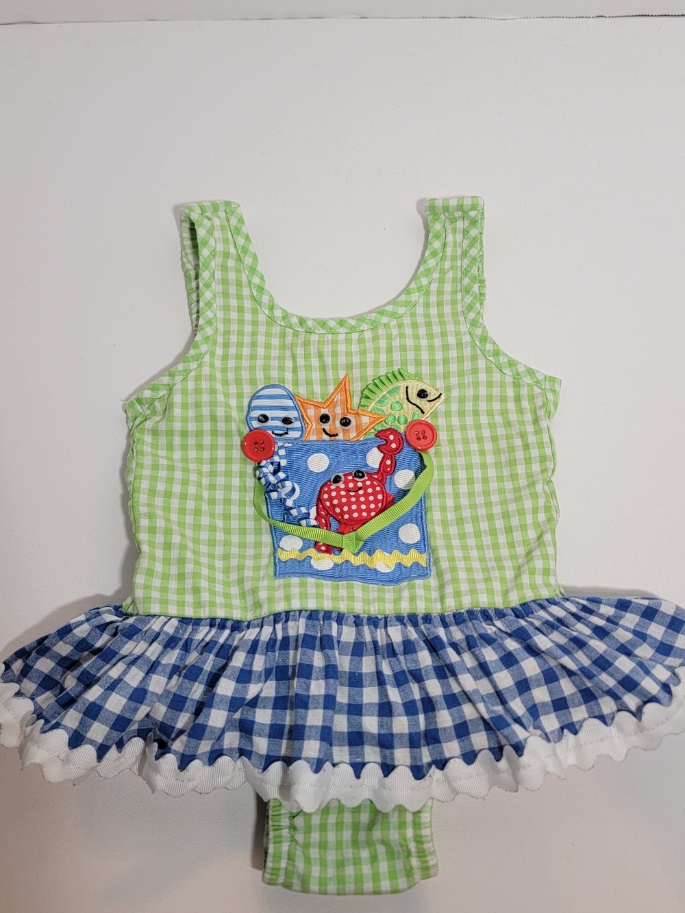 Mud Pie Green Gingham Girls One-Piece Swim Dress with Blue Gingham Ruffle